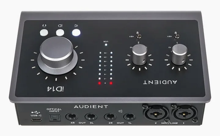 Audient iD14 MKII, nivåmätarna och lysdioderna