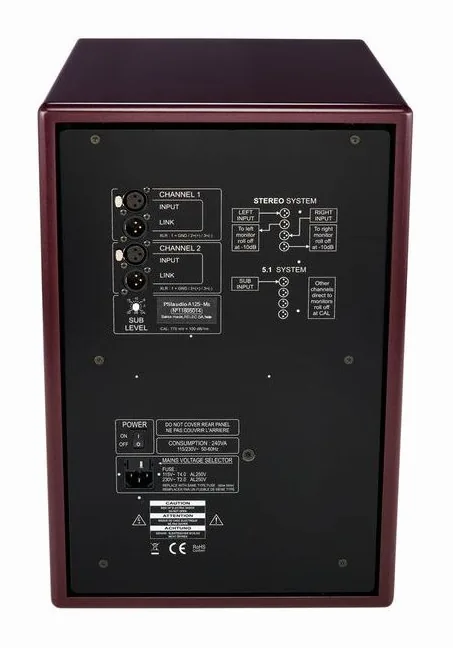 PSI Audio Sub A125-M Studio Red, baksidan med anslutningarna