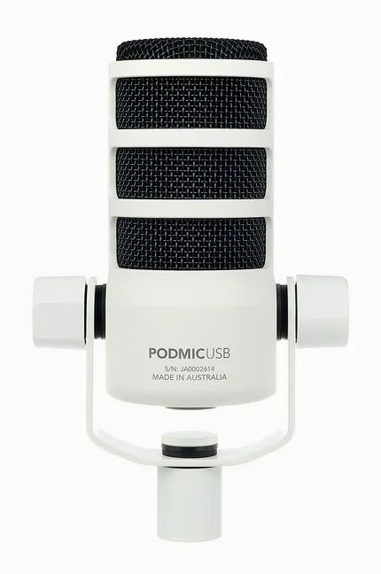 Rode PodMic USB White, mikrofonkorgen på nära håll