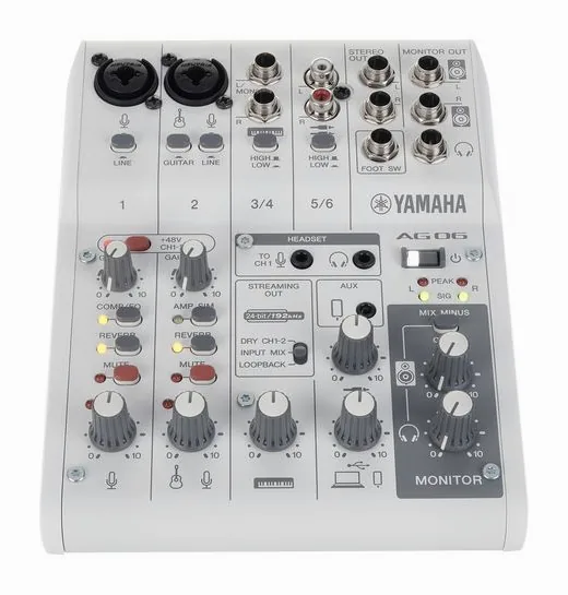 Yamaha AG06 MK2 WH, frontpanelen med rattarna