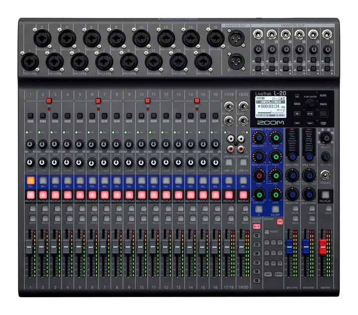 Zoom LiveTrak L-20 Mixercase Bundle, frontpanelen med rattarna
