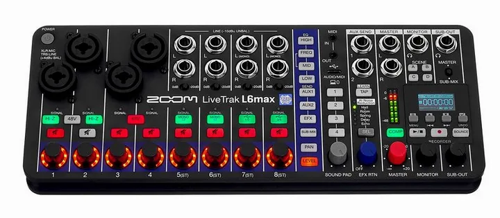Zoom LiveTrak L6max, frontpanelen med rattarna