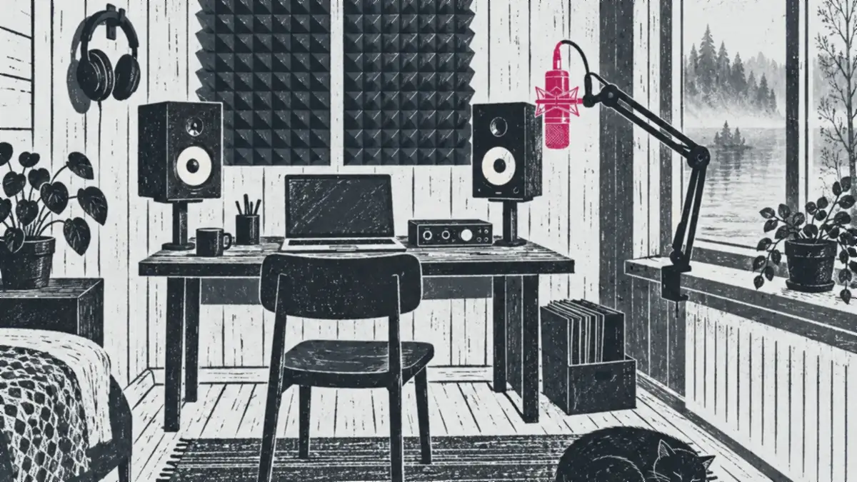 En liten hemmastudio med akustikskum på väggen, en mikrofon, ett ljudkort, hörlurar och två monitorer